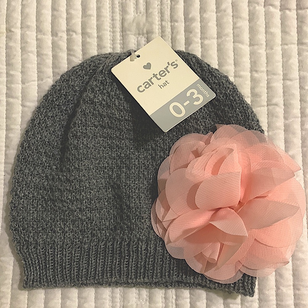NWT Carter’s grey heather knit beanie with pink chiffon flower.